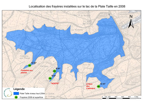 Carte de localisation des frayères artificielles flottantes sur le lac de la Plate Taille