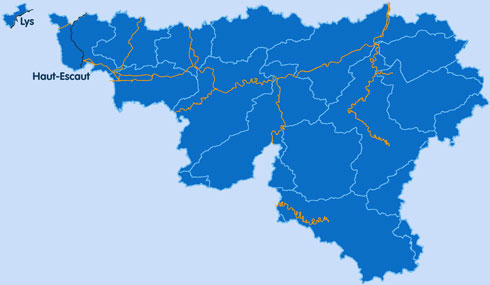 Carte des principaux cours d'eau en Région wallonne dont le Haut escaut et la Lys mitoyenne