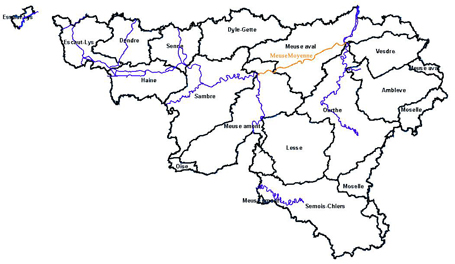Carte des principaux cours d'eau en Région wallonne dont notamment la Meue moyenne