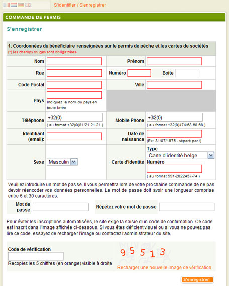 Formulaire d'inscription au site de commande en ligne du permis de pêche de la Région wallonne